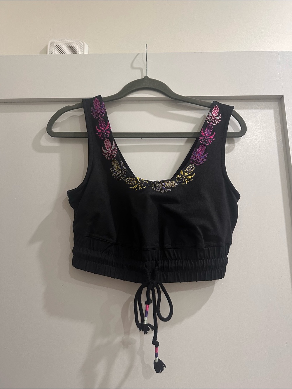 Free People Black Tank Top with Pink, Purple & Yellow Embroidery